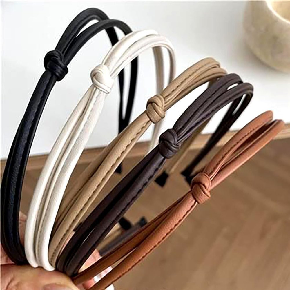 Sinalty Black Brown White Leather Headbands Thin Cute Knotted HairBands Fashion Kont Hair Accessories for Women and Girls (5 Pcs)