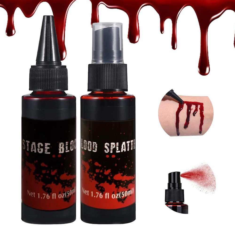2PCS Halloween Fake Blood Kit, 3.52oz (100ml) Fresh Red + Dark Red Realistic Effect Washable, Vampire Makeup for Halloween Costume, Theater, Cosplay, Zombie, Special Effects