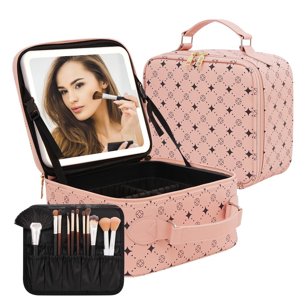 Travel Makeup Bag With 360 rotating LED Mirror,Waterproof cosmetic organizer,Portability Cosmetic case,Makeup organizer,Gift for Women,Girls Gift (Pink)