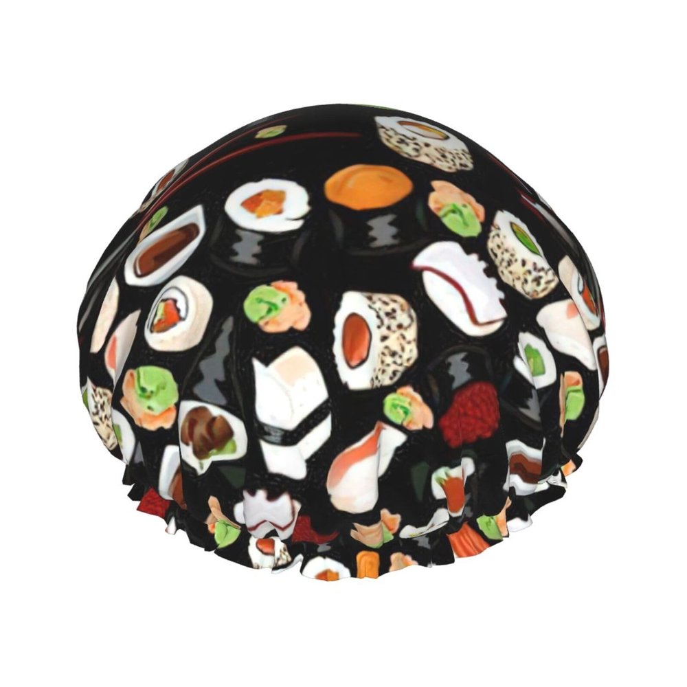 Qhwlr Japanese Sushi Black Print Double Waterproof Shower Cap Printed Millinery With Light And Soft Decoration