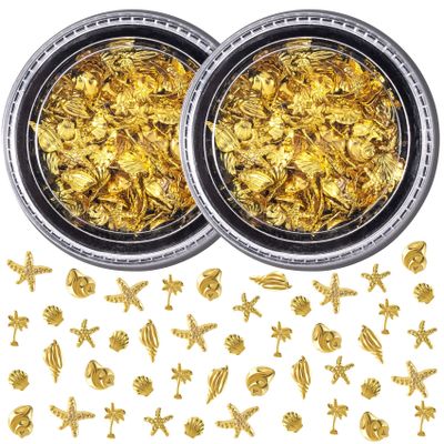 Pndeyo 2 Boxes Ocean Theme Nail Charms, Sea Beach Starfish Seashell Nail Decals Accessories, Metal 3D Nail Gems Jewelry Decoration Supplies for Manicure DIY Nail Embellishments- Gold, Mixed size
