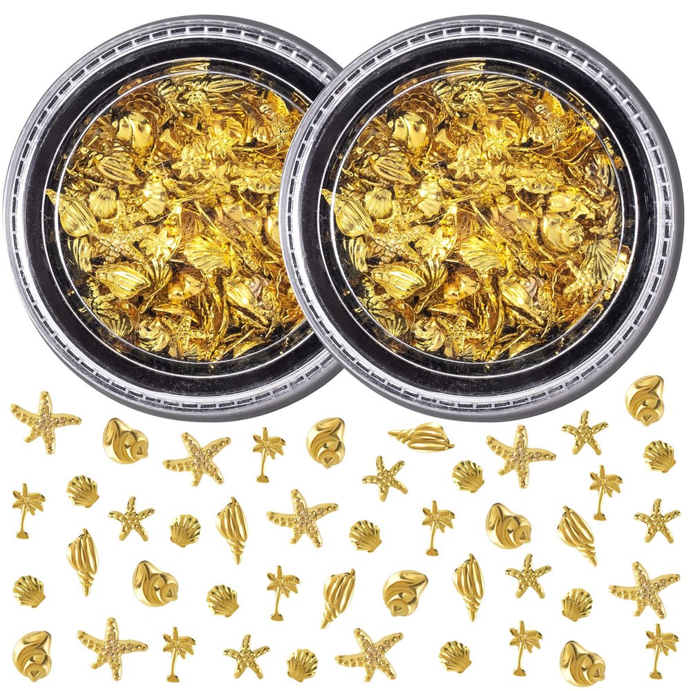 Pndeyo 2 Boxes Ocean Theme Nail Charms, Sea Beach Starfish Seashell Nail Decals Accessories, Metal 3D Nail Gems Jewelry Decoration Supplies for Manicure DIY Nail Embellishments- Gold, Mixed size