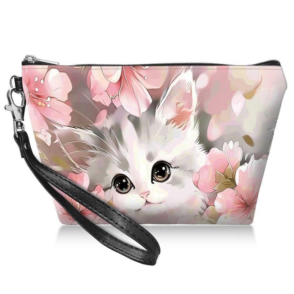 BWEGRHE Travel Makeup Bag with Detachable Wrist Strap, Baby Cat Flowers Stocking Stuffers for Teen Women Toiletry Storage Bag Water Resistant Portable Change Coin Small Purse Zipper Pouch