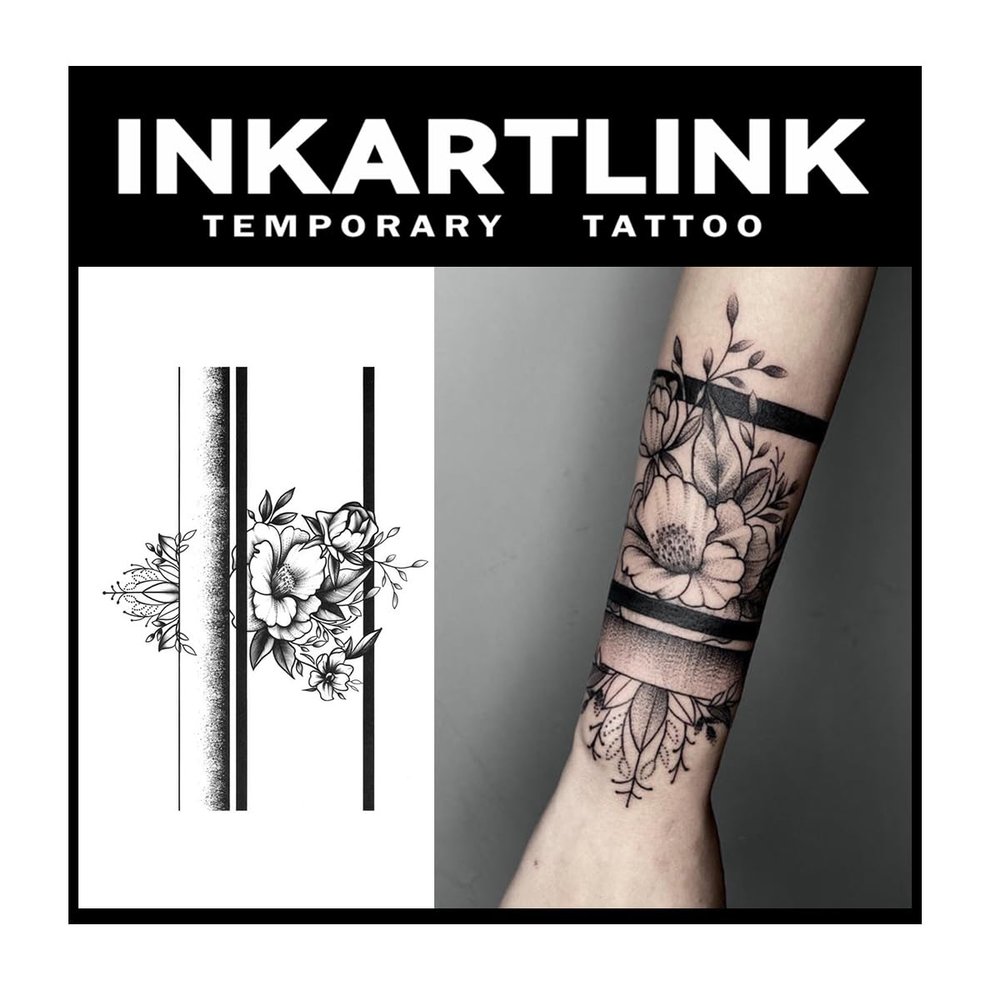 INKARTLINK Tattoo Tech, 2 Sheets Extra large Semi Permanent Tattoo, Adult Art Design Temporary Tattoos, Lasts 1-2 Weeks, Waterproof, Realistic Look, No Adhesive, No Reflection (Flower)