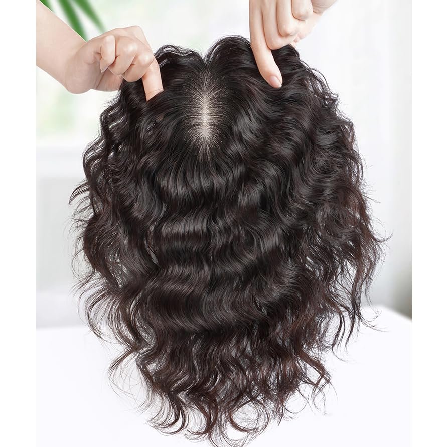 13x14cm Fluffy Curly Human Hair for Woman Cover White Hair Short Natural Hair (Dark brown,French bangs 14inch)