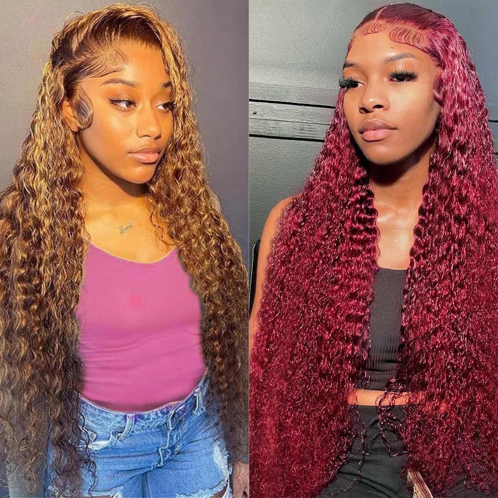 Yeeaak 13x6 Highlight Deep Wave HD Lace Front Wigs Human Hair 30 Inch With 99j Burgundy Deep Wave Wig Human Hair 30 Inch 180% Density 13x4 HD Transparent Lace Frontal Wig Pre Plucked With Baby Hair
