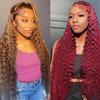 Yeeaak 13x6 Highlight Deep Wave HD Lace Front Wigs Human Hair 30 Inch With 99j Burgundy Deep Wave Wig Human Hair 30 Inch 180% Density 13x4 HD Transparent Lace Frontal Wig Pre Plucked With Baby Hair view 1