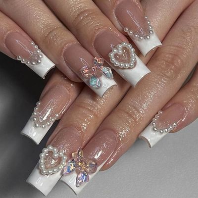 CEWEWP French Tip Press on Nails Long Coffin Square Fake Nails Bow Designs with White Pearl Full Cover False Nails Glossy Glue on Nail Acrylic Nails Artificial Nail for Women Nail Supplies 24Pcs