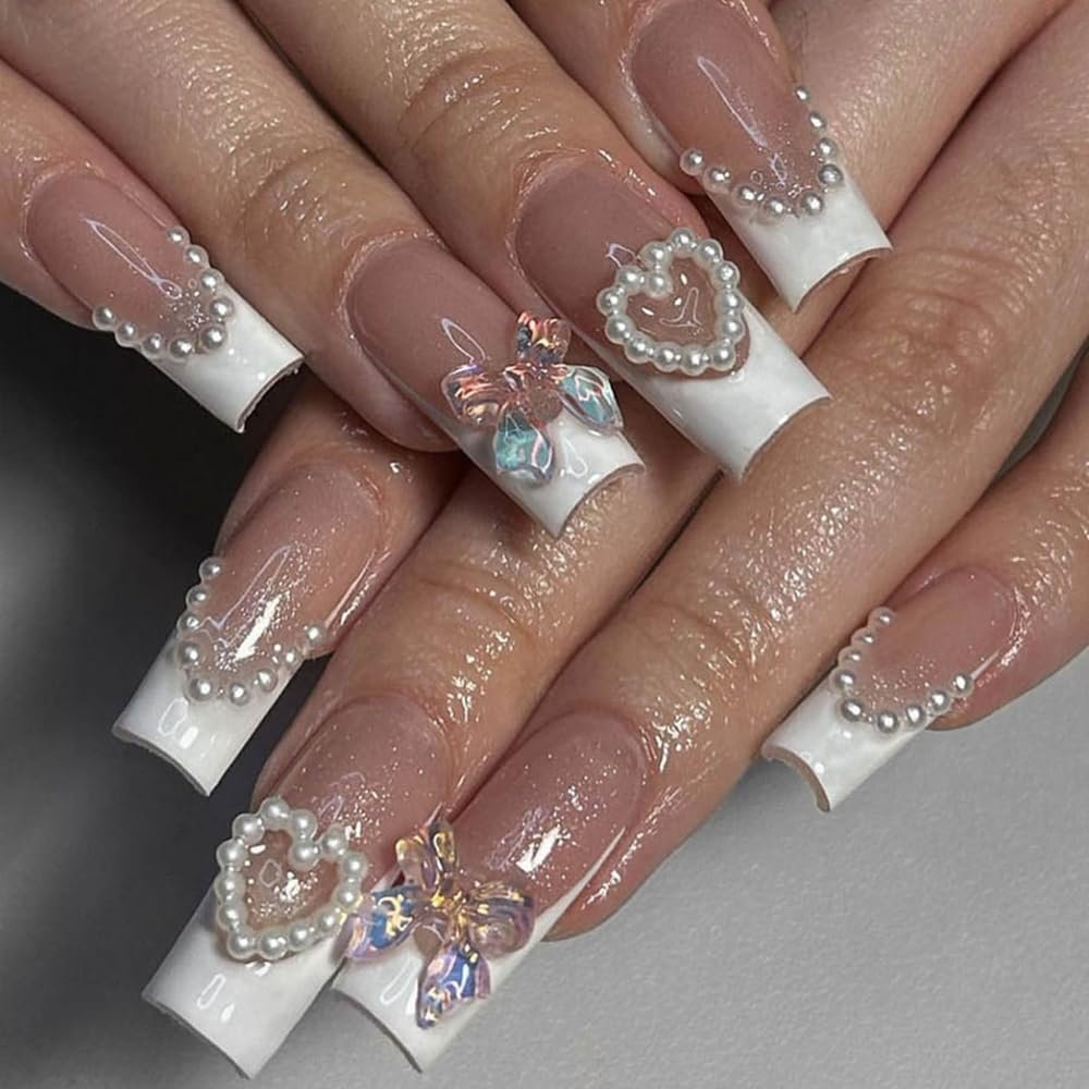 CEWEWP French Tip Press on Nails Long Coffin Square Fake Nails Bow Designs with White Pearl Full Cover False Nails Glossy Glue on Nail Acrylic Nails Artificial Nail for Women Nail Supplies 24Pcs
