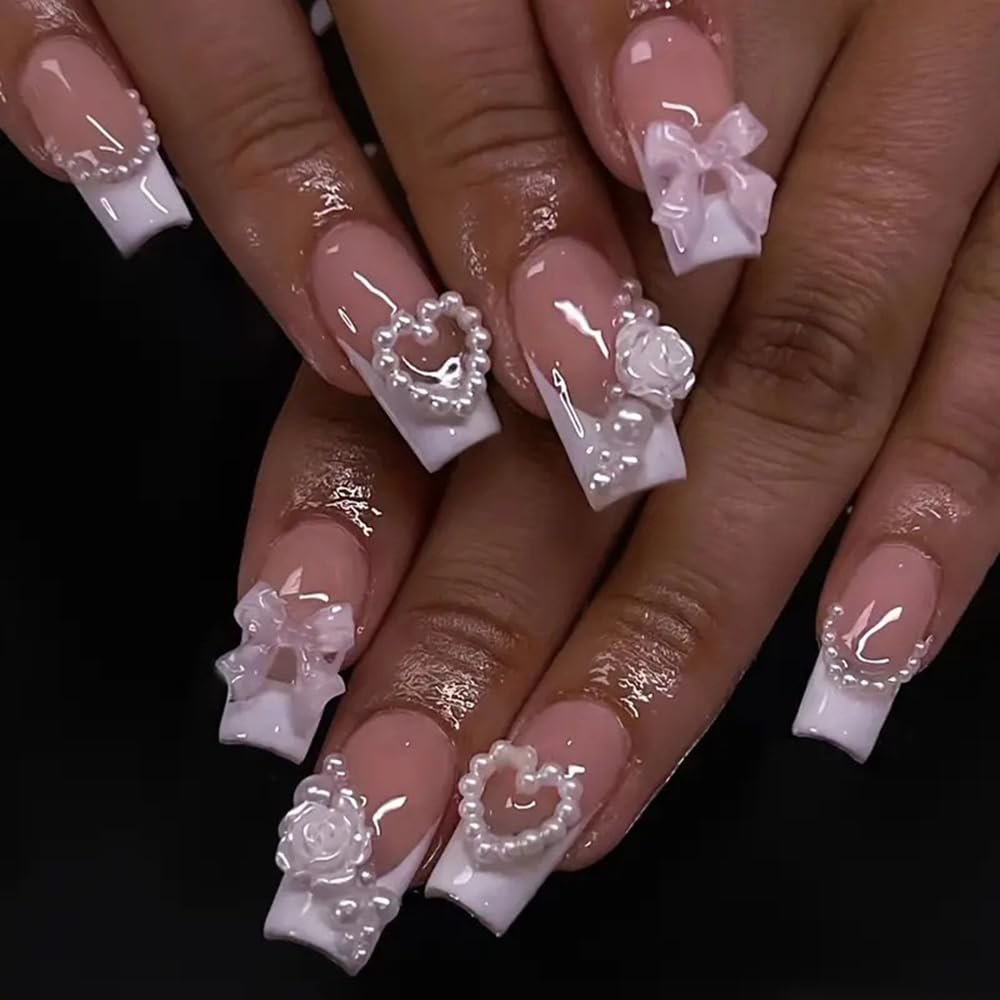 24Pcs French Tip Press on Nails Square Long Coffin Fake Nails White Flower Pearls False Nails Pink Bow Nail Charms Designs Press on Nail Summer Acrylic Nails Full Cover Glue on Nails for Women Girls