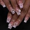 24Pcs French Tip Press on Nails Square Long Coffin Fake Nails White Flower Pearls False Nails Pink Bow Nail Charms Designs Press on Nail Summer Acrylic Nails Full Cover Glue on Nails for Women Girls view 1