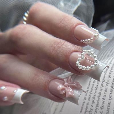 CEWEWP French Tip Press on Nails Square Coffin Fake Nails Long Pink Bow False Nails White Pearl Heart Nail Charms Designs Press on Nail Summer Acrylic Full Cover Glue on Nails for Women Girls 24 Pcs