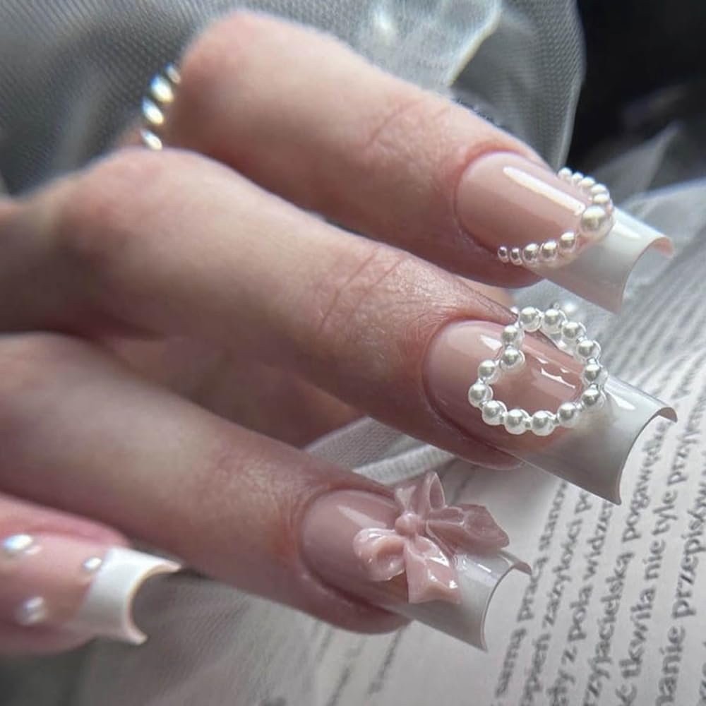 CEWEWP French Tip Press on Nails Square Coffin Fake Nails Long Pink Bow False Nails White Pearl Heart Nail Charms Designs Press on Nail Summer Acrylic Full Cover Glue on Nails for Women Girls 24 Pcs