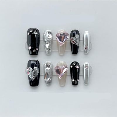 Black long Nails Handmade Press on Nail Short Square Solid Fake Nail Tips Gentle Flowers Design Art(Black short,L)