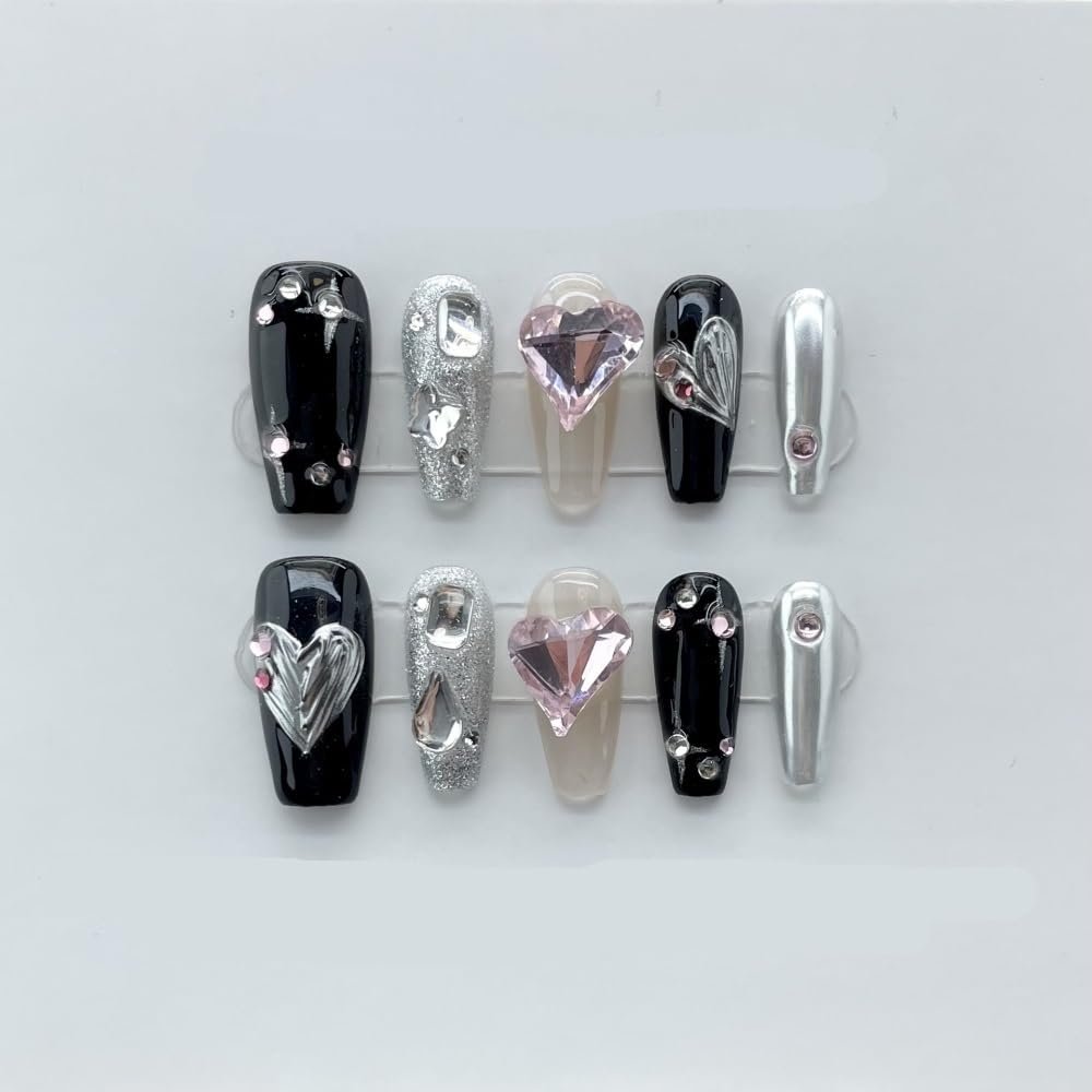 Black long Nails Handmade Press on Nail Short Square Solid Fake Nail Tips Gentle Flowers Design Art(Black short,L)