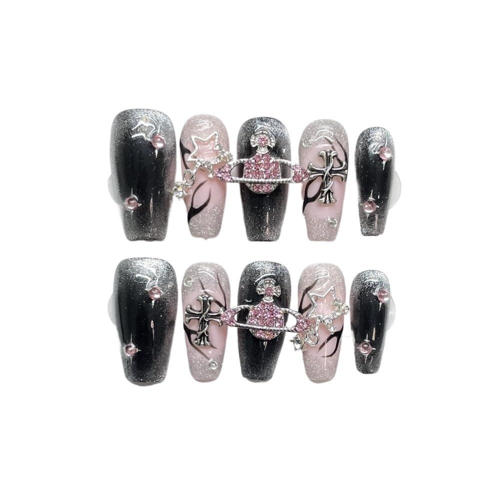 ZIIVIEVS Handmade nail art, wearing nails, spicy girl, flame cat eye, star fake nails, detachable(S), 1 Count (Pack of 1), Pink