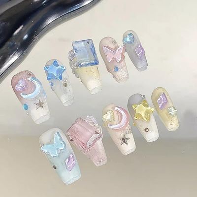 Long manicure patches, handcrafted wearing nails, cute moon and star fake nails(M)