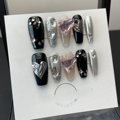 Black long Nails Handmade Press on Nail Short Square Solid Fake Nail Tips Gentle Flowers Design Art(Black long,L)