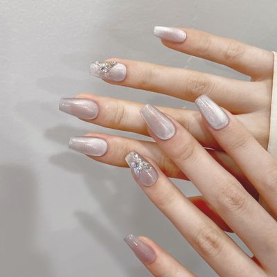 Nude cat eye hand-made nails long nails hand-made press-on nails, gentle removable nail stickers(Purple Short ladder,L)