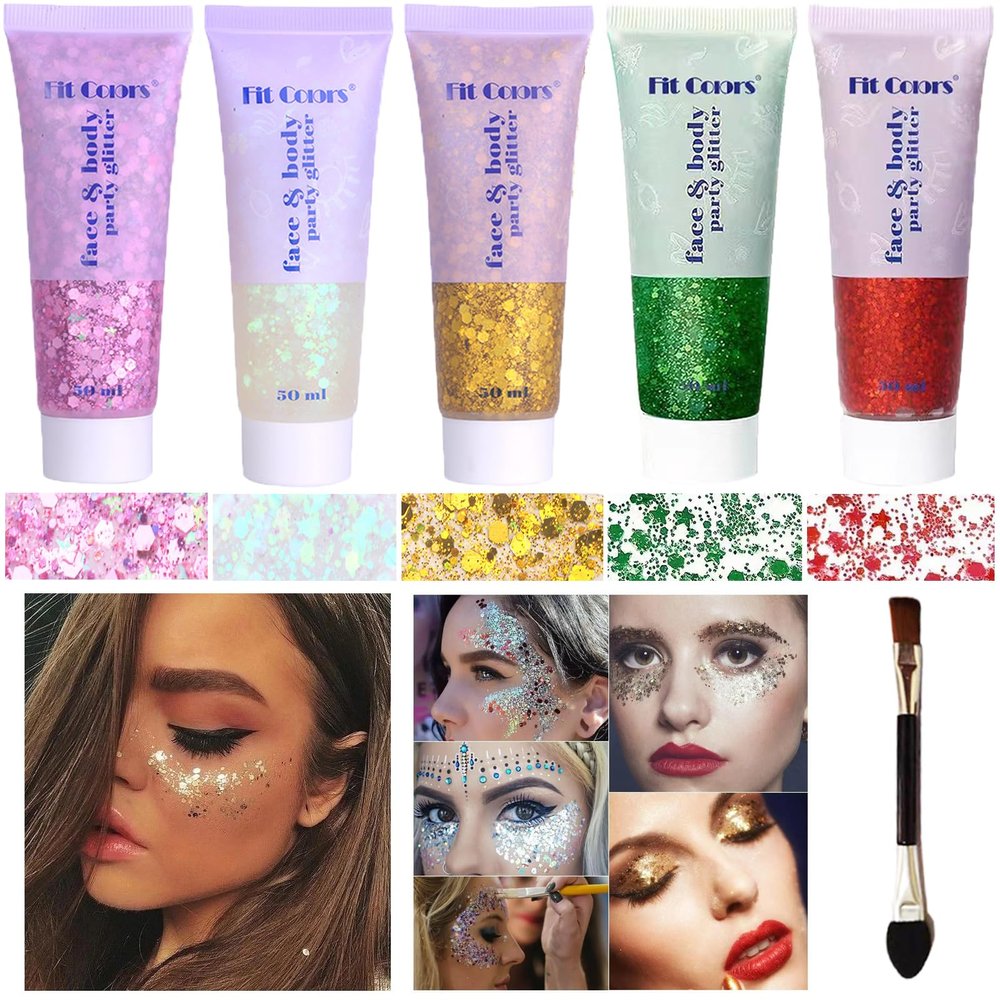 Body Glitter Face Glitter Gel: Singer Concerts Disco Festival Rave Accessories Face Glitter Makeup 250ml Chunky Sequins Mermaid Face Body Hair Glitter Gel (White&Pink&Gold&Green&Red)