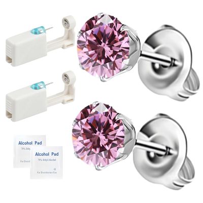 2Pcs Ear Piercing Kit, Disposable Self Piercing Gun Built-in Ear Stud Easy Use Low Pain, At Home Piercing Kit 5mm (Crown Pink CZ)