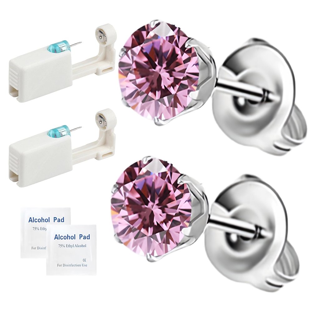 2Pcs Ear Piercing Kit, Disposable Self Piercing Gun Built-in Ear Stud Easy Use Low Pain, At Home Piercing Kit 5mm (Crown Pink CZ)
