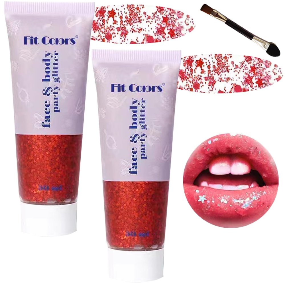 Body Glitter Face Glitter Gel: Singer Concerts Disco Festival Rave Accessories Face Glitter Makeup Chunky Sequins Mermaid Face Body Hair Glitter Gel (2 Red)
