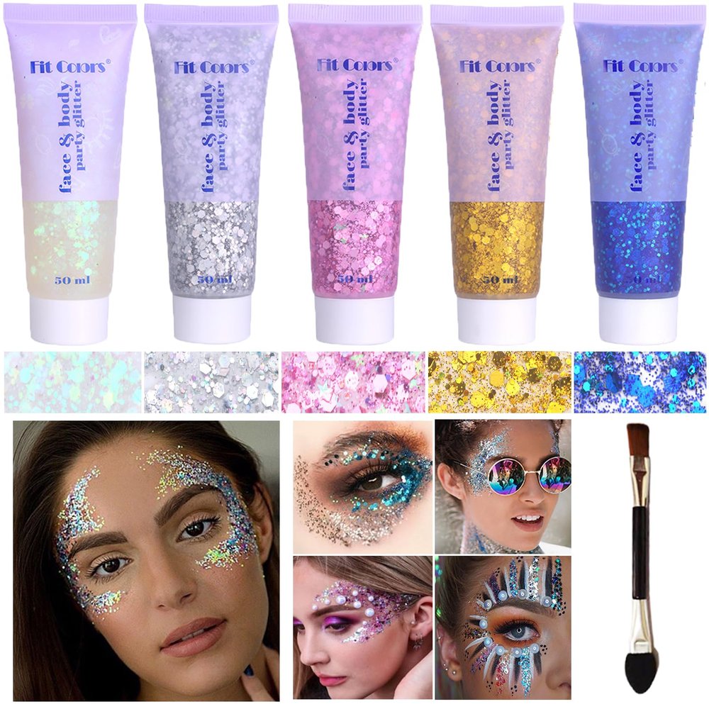 Body Glitter Face Glitter Gel: Singer Concerts Disco Festival Rave Accessories Face Glitter Makeup Chunky Sequins Mermaid Face Body Hair Glitter Gel (White&Silver&Pink&Gold&Blue)