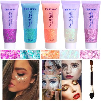 Body Glitter Face Glitter Gel: Singer Concerts Disco Festival Rave Accessories Face Glitter Makeup Chunky Sequins Mermaid Face Body Hair Glitter Gel (White&Pink&Rose&Lake Blue&Orange)