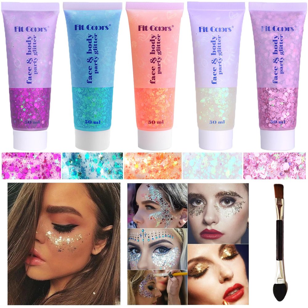 Body Glitter Face Glitter Gel: Singer Concerts Disco Festival Rave Accessories Face Glitter Makeup Chunky Sequins Mermaid Face Body Hair Glitter Gel (White&Pink&Rose&Lake Blue&Orange)