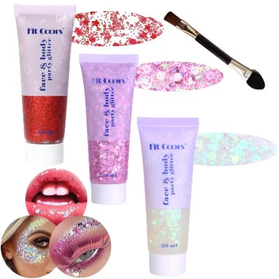 Body Glitter Face Glitter Gel: Singer Concerts Disco Festival Rave Accessories Face Glitter Makeup 150ml Chunky Sequins Mermaid Face Body Hair Glitter Gel (Red&White&Pink)