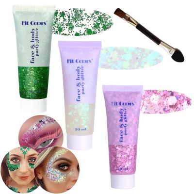 Body Glitter Face Glitter Gel: Singer Concerts Disco Festival Rave Accessories Face Glitter Makeup Chunky Sequins Mermaid Face Body Hair Glitter Gel (Green&White&Pink)