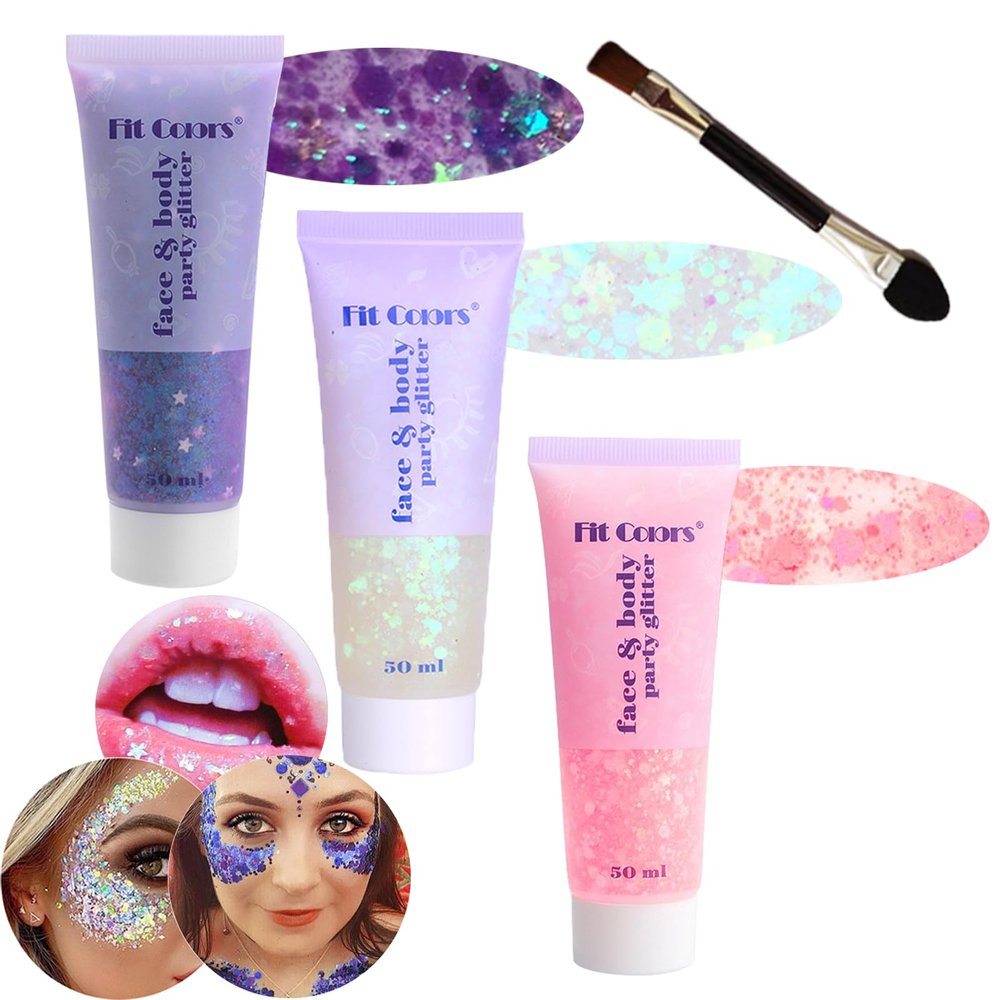 Body Glitter Face Glitter Gel: Singer Concerts Disco Festival Rave Accessories Face Glitter Makeup 150ml Chunky Sequins Mermaid Face Body Hair Glitter Gel (Purple&White&Light Pink)