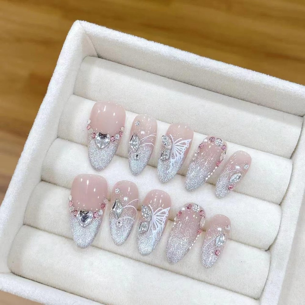 Nail enhancement with clear pink cat eyes, hand worn nails Press on Nail Short Fake Nail Tips(Pink Short,S)