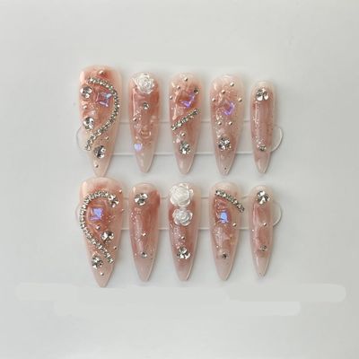 ZIIVIEVS Handmade wearing of almond fake nails and finished product for repeated use in nail enhancement(M), Pink