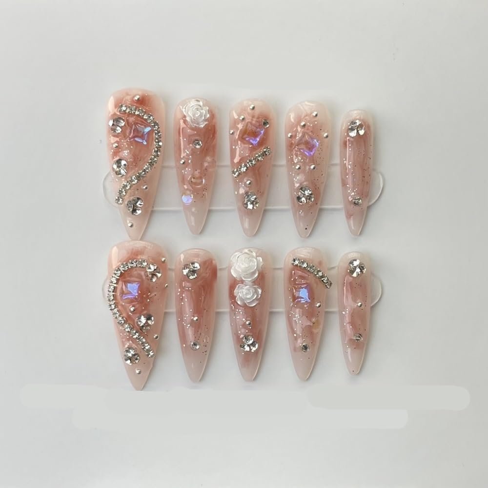 ZIIVIEVS Handmade wearing of almond fake nails and finished product for repeated use in nail enhancement(M), Pink