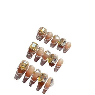 Nail enhancement European and American long ladder French cat eye gradient detachable wearable nails Press on Nail(Gold Super long ladder,S)
