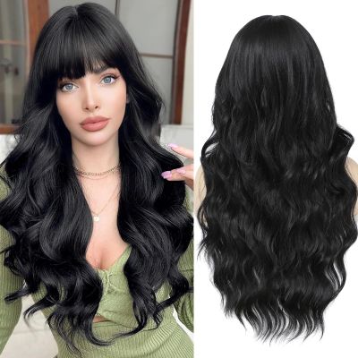 Lovenia-Long Black Wig with Bangs for Women Wavy Wig for Women 26" Synthetic Wigs Heat Resistant Fiber Long Wavy Curly Hair with Bangs Soft Hair Daily Party Fancy Wig