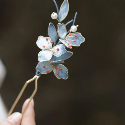 Cayyoomm blue enamel flower Hanfu hairpin Chinese ancient hairpin headwear classical hair pin Han element (Enamel Flower)