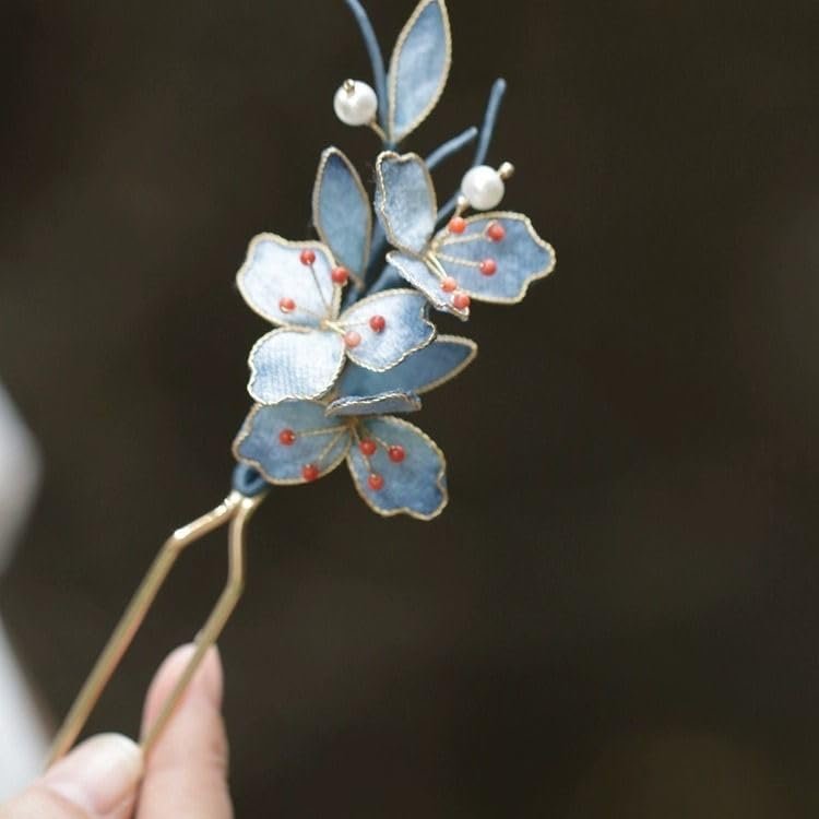 Cayyoomm blue enamel flower Hanfu hairpin Chinese ancient hairpin headwear classical hair pin Han element (Enamel Flower)