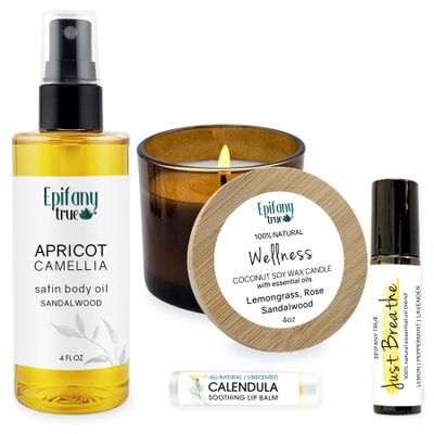 Epifany True Apricot & Camellia Body Oil 4oz Wellness Self-Care Gift Set, 4 Pieces, Natural, Scented Coconut Soy Candle 4oz, Calendula Lip Balm 0.15 oz, Just Breathe Essential Oil Roll-On 0.33oz