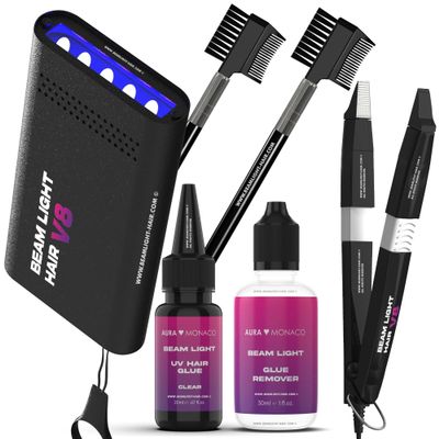 BEAMLIGHT SYSTEM Hair Extension V8 - for UV Hair Extension Kit with Hair Glue, Beam Light Machine, Beam Light Removal Solution and Beam Light Removal Tool (Premium Set)