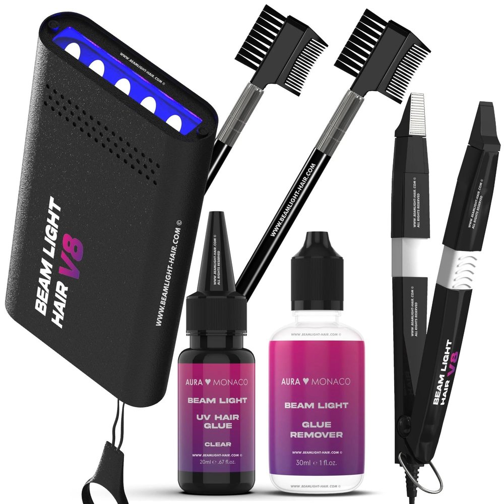 BEAMLIGHT SYSTEM Hair Extension V8 - for UV Hair Extension Kit with Hair Glue, Beam Light Machine, Beam Light Removal Solution and Beam Light Removal Tool (Premium Set)