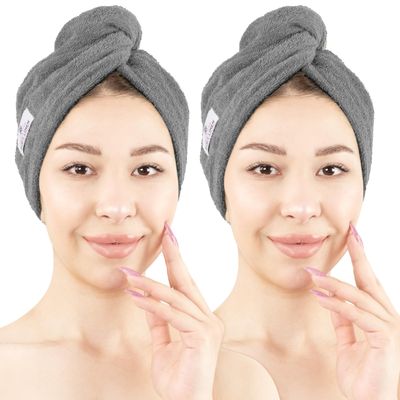 American Soft Linen 100% Cotton Hair Towels for Women, Head Towel Cap, Cotton Hair Turban Towel Wrap for Long Curly Anti Frizz Hair, Soft and Absorbent Cotton Hair Towels 2 Pack, Dark Gray