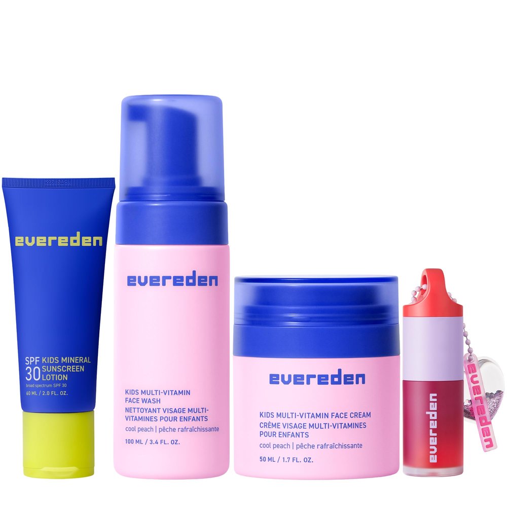 Evereden Daily Routine Set & Non-Toxic Lip Gloss: Clean & Vegan Skin Care for Kids - Nourishing Tween Skincare with Multi-Vitamin Face Wash, Face Cream, SPF 30 Sunscreen & Tinted Lip Gloss