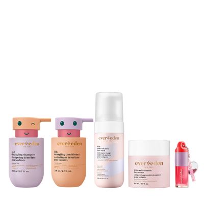 Evereden Kids Routine Bundle & Non-Toxic Lip Gloss - Happy Hair Duo Detangling Kids Shampoo and Conditioner + Happy Face Duo Face Wash for Kids and Multi-Vitamin Kids Face Cream + Tinted Lip Gloss