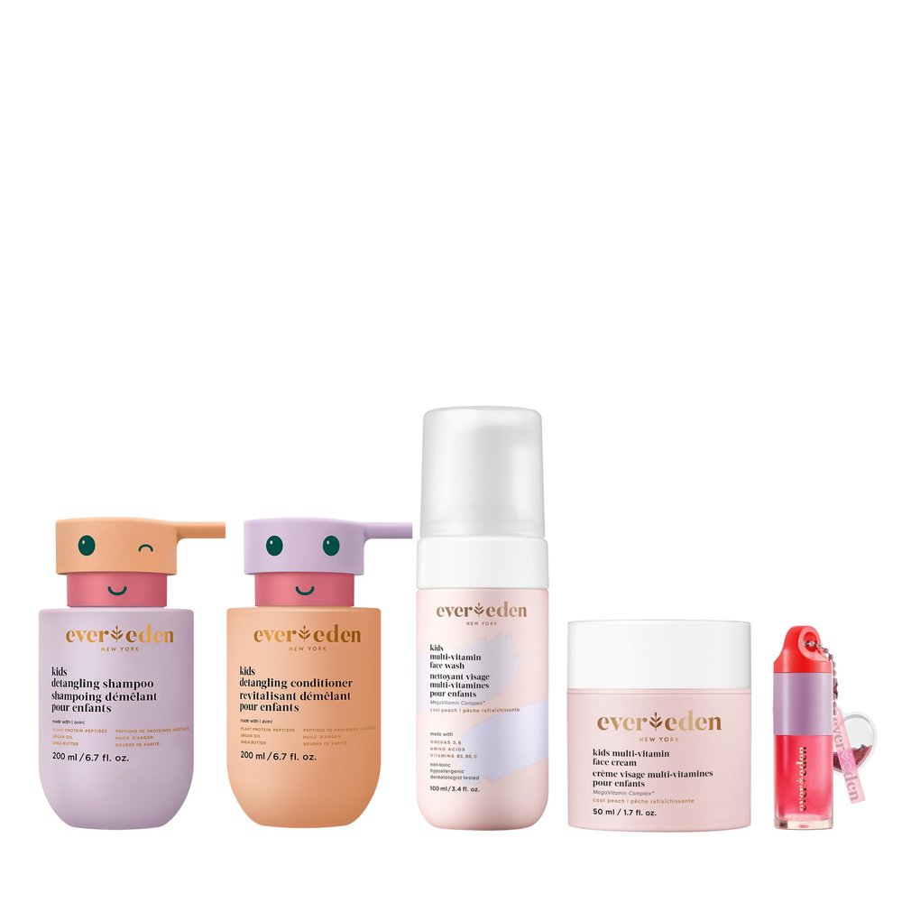 Evereden Kids Routine Bundle & Non-Toxic Lip Gloss - Happy Hair Duo Detangling Kids Shampoo and Conditioner + Happy Face Duo Face Wash for Kids and Multi-Vitamin Kids Face Cream + Tinted Lip Gloss