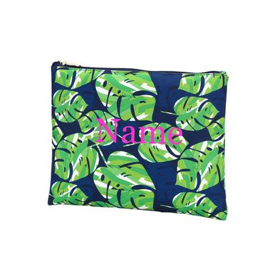 101 BEACH Personalized with Name Women's Fashion Print Cosmetic Makeup Accessory Zippered Pouch (LOLA - GREEN NAVY LEAF)