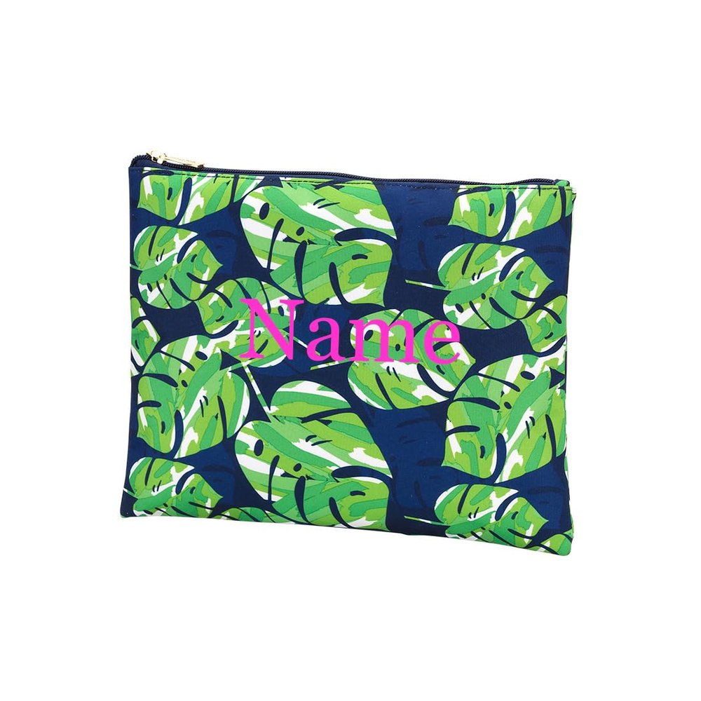 101 BEACH Personalized with Name Women's Fashion Print Cosmetic Makeup Accessory Zippered Pouch (LOLA - GREEN NAVY LEAF)