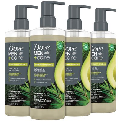 Dove Men+ Care 2-in-1 Shampoo & Conditioner, Avocado & Tea Tree, Strengthening  Mens Shampoo & Conditioner, Sulfate-Free, with Vitamin E, Zinc & Copper for Strong, Healthy Hair, 17.5 Oz (Pack of 4)